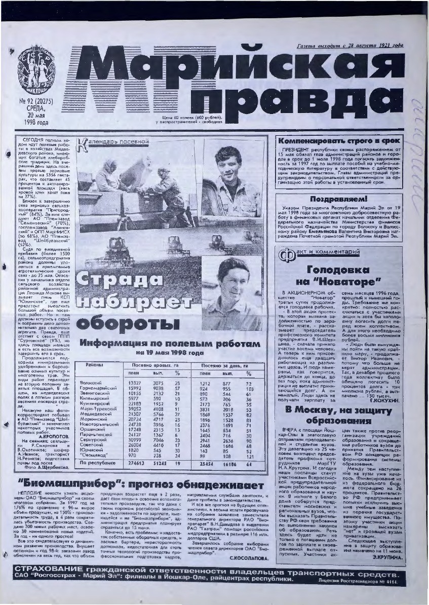 Газета «Марийская правда» от 20.05.1998