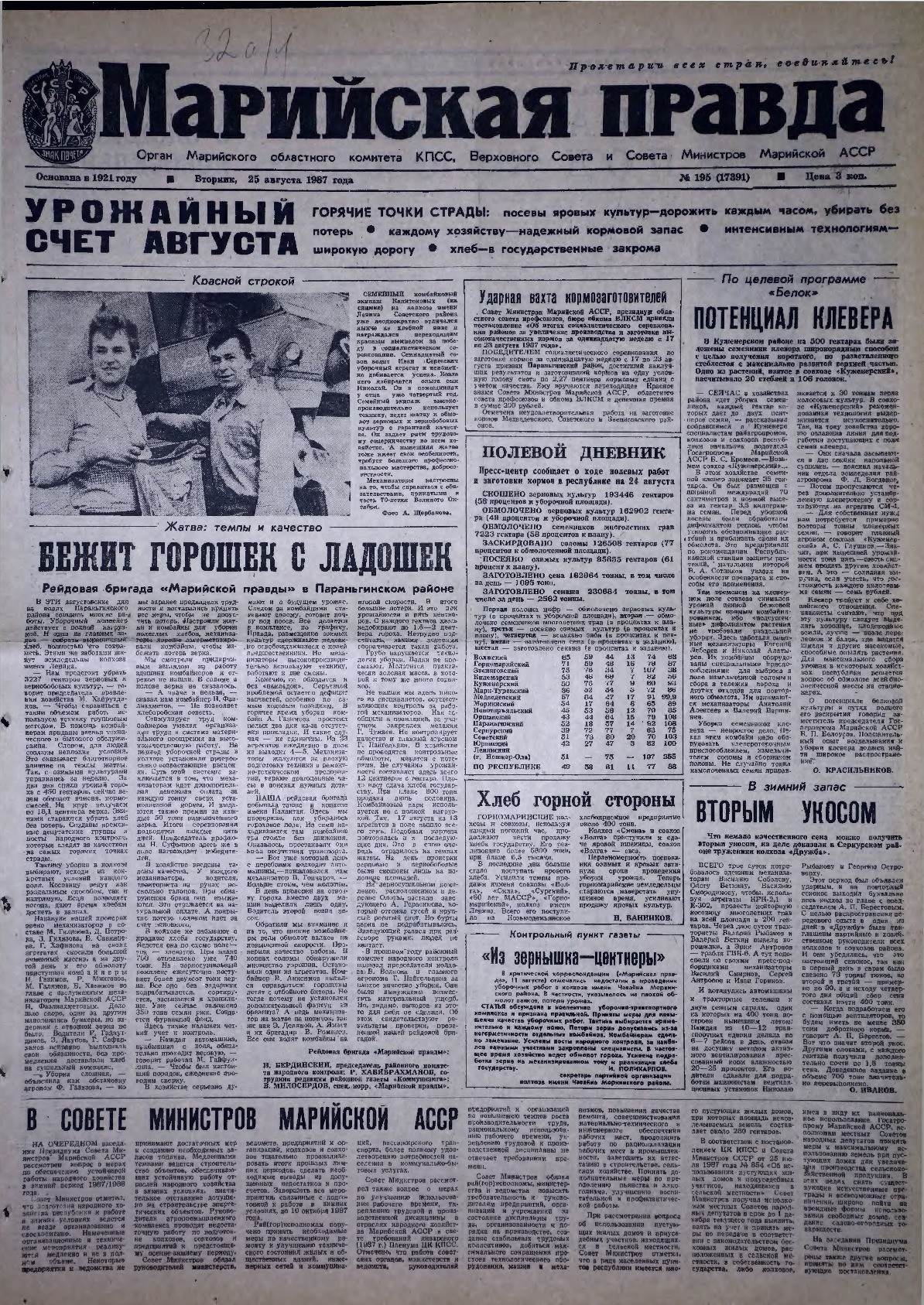 Газета «Марийская правда» от 25.08.1987