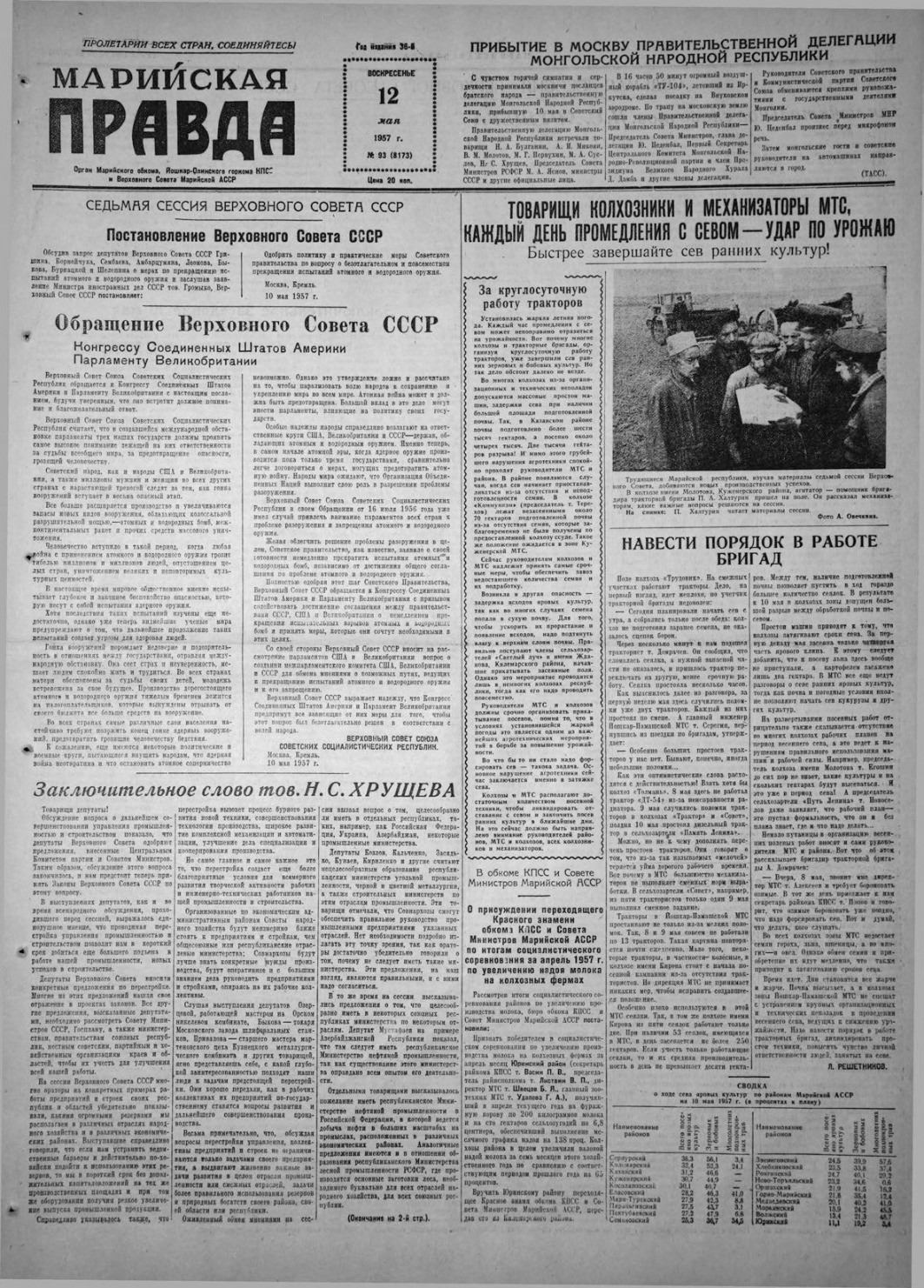 Газета «Марийская правда» от 12.05.1957
