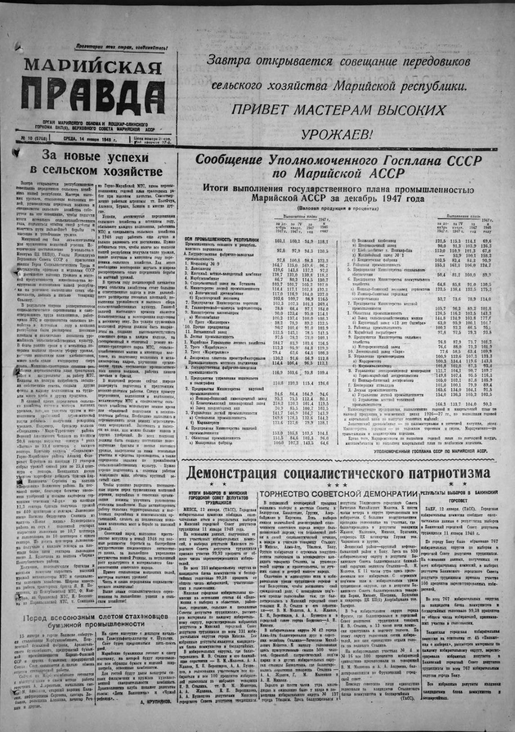 Газета «Марийская правда» от 14.01.1948