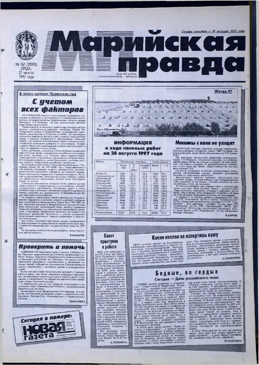 Газета «Марийская правда» от 27.08.1997