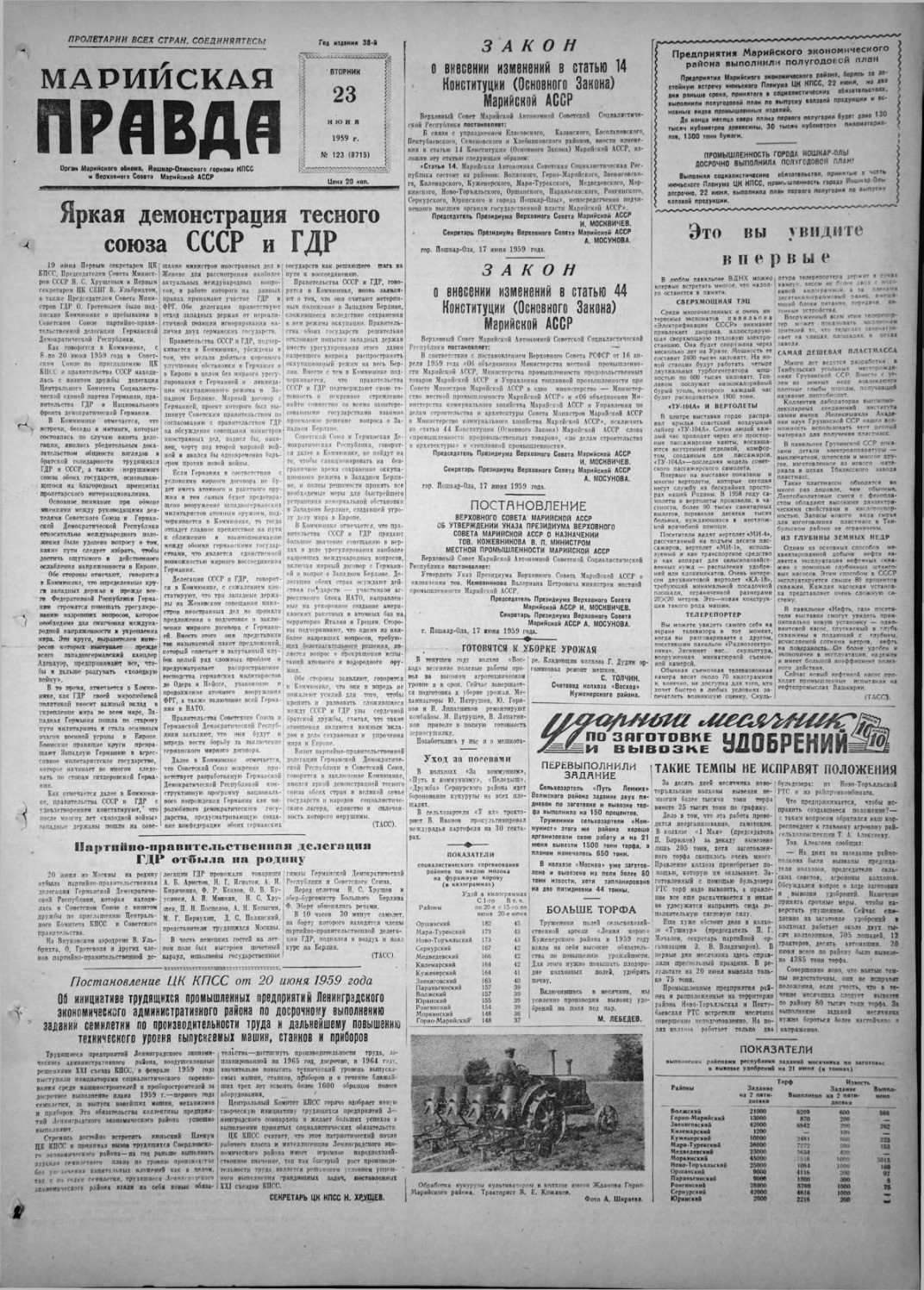 Газета «Марийская правда» от 23.06.1959
