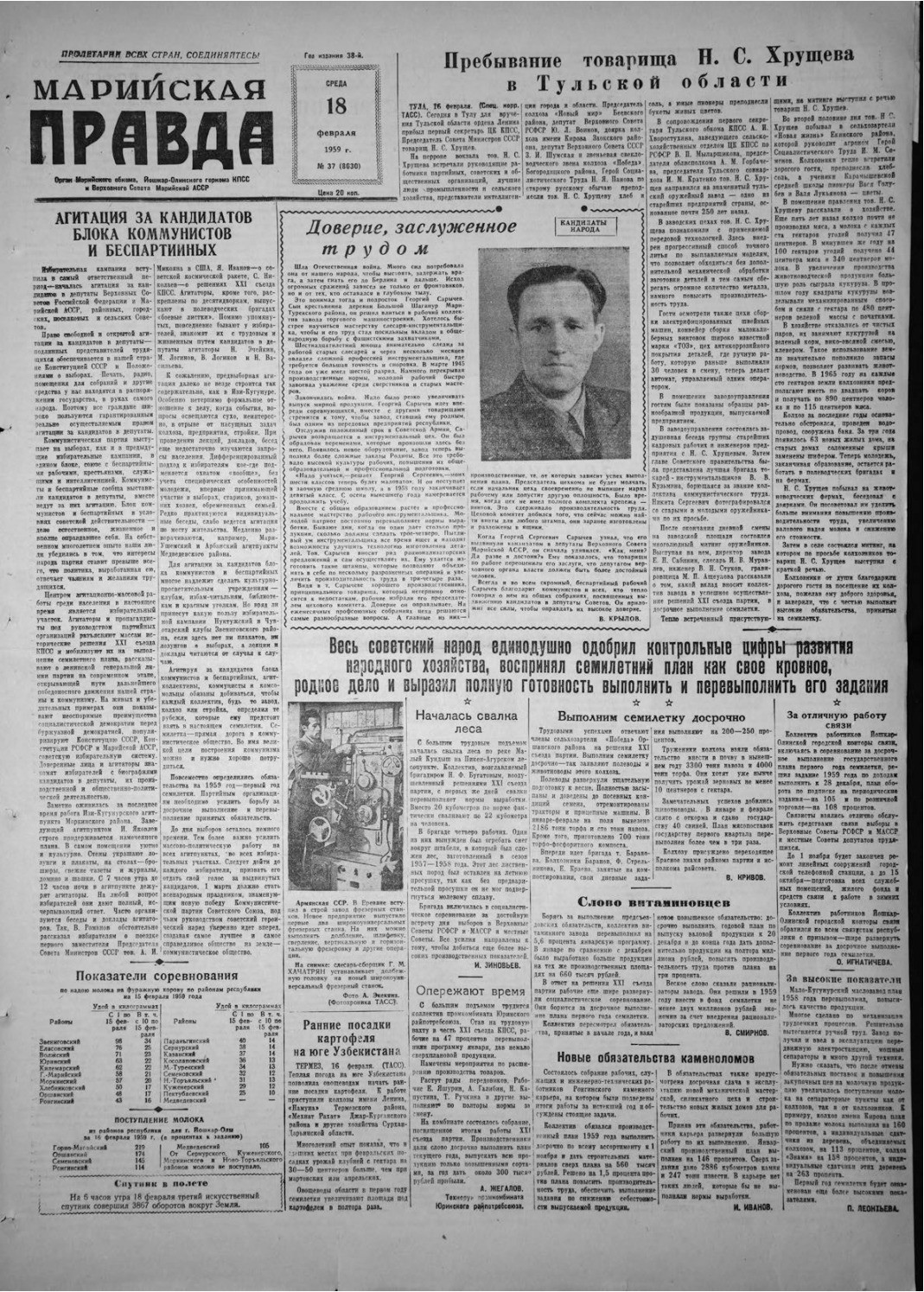 Газета «Марийская правда» от 18.02.1959