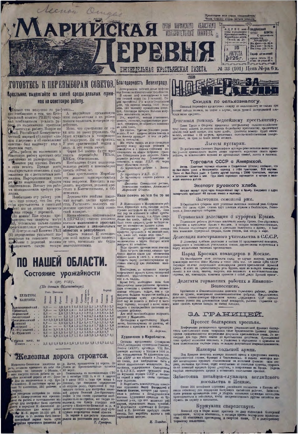 Газета «Марийская деревня» от 15.08.1925