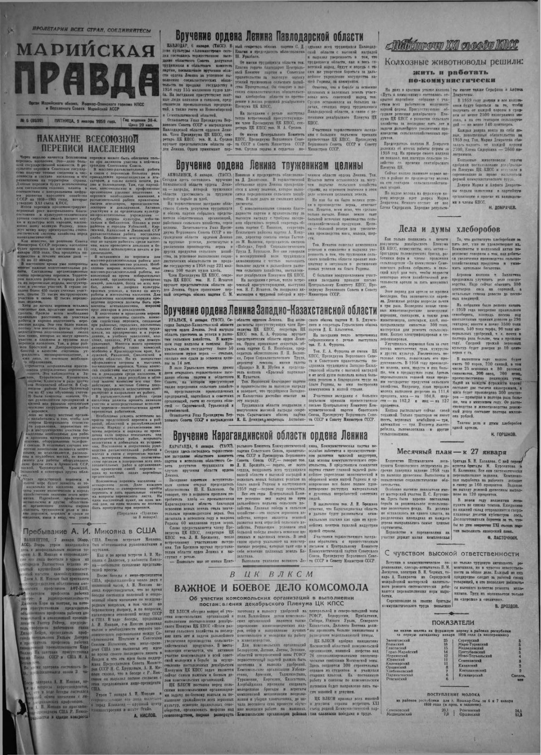Газета «Марийская правда» от 09.01.1959