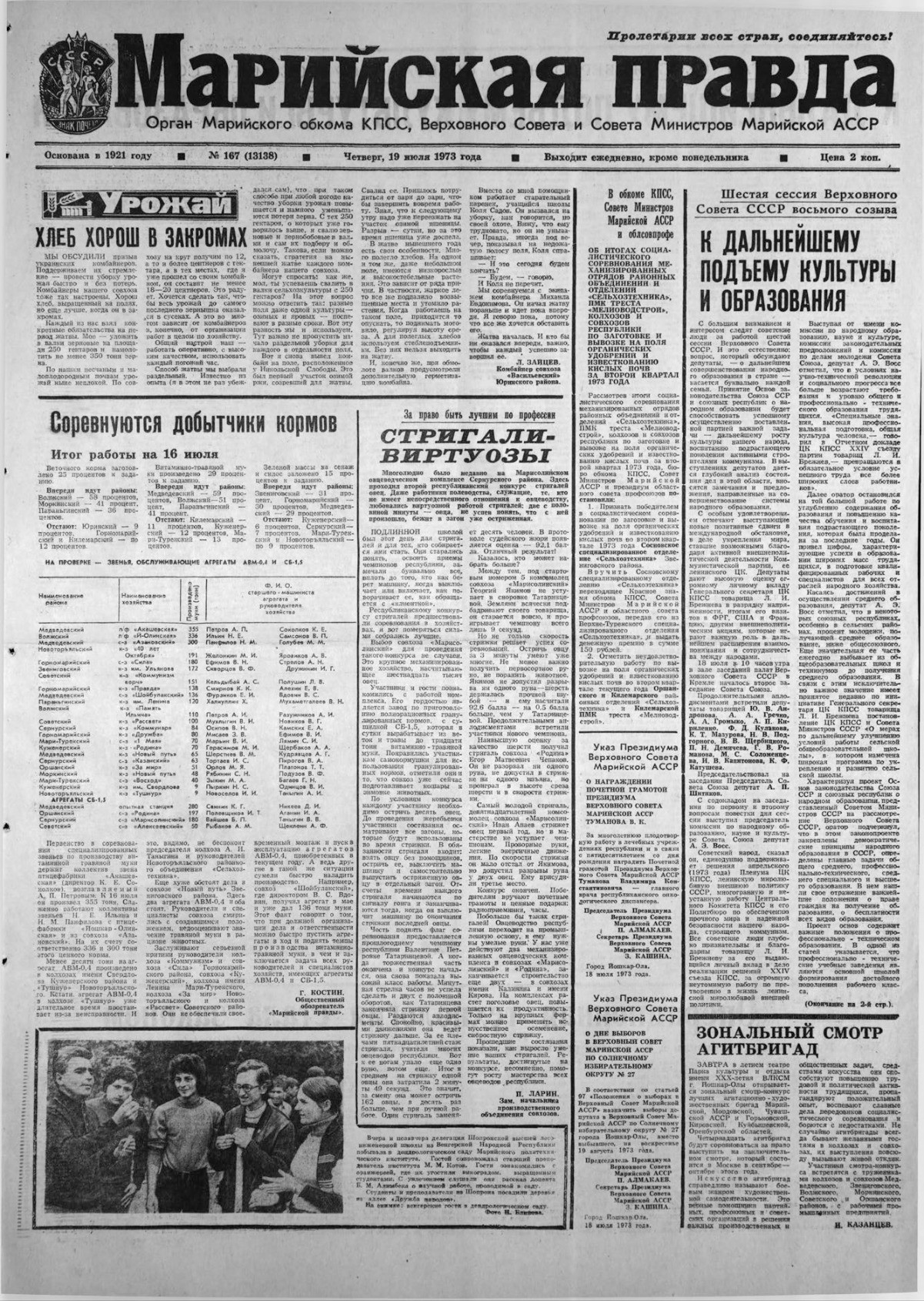 Газета «Марийская правда» от 19.07.1973
