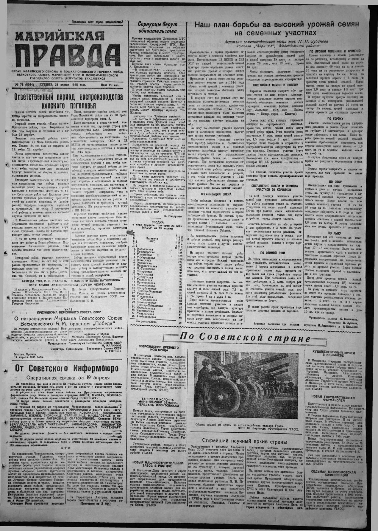 Газета «Марийская правда» от 21.04.1945