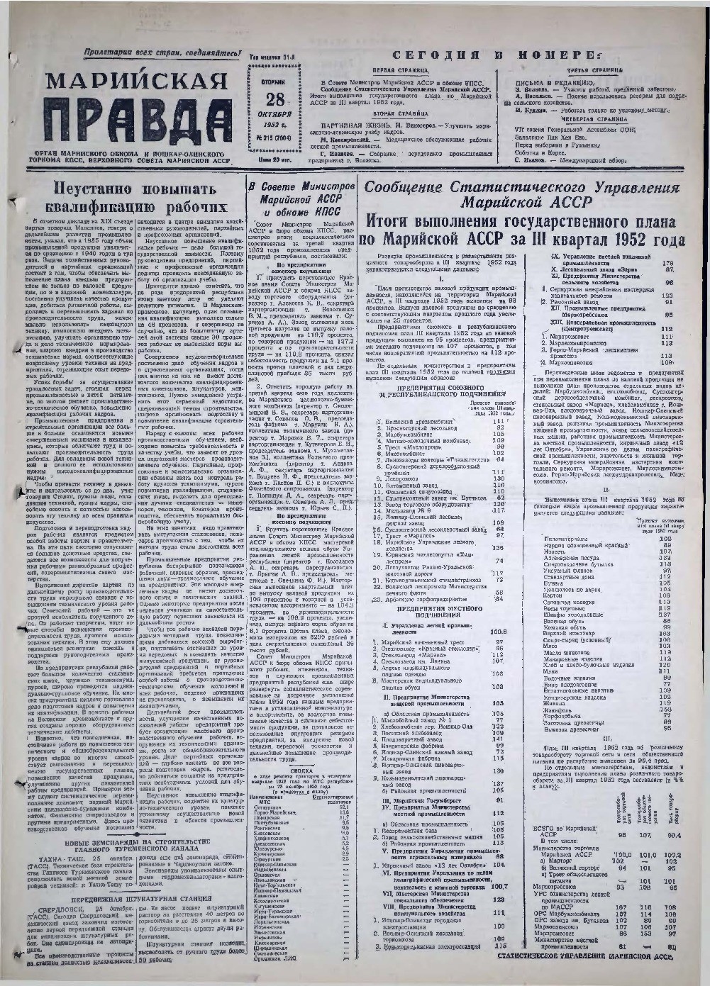Газета «Марийская правда» от 28.10.1952
