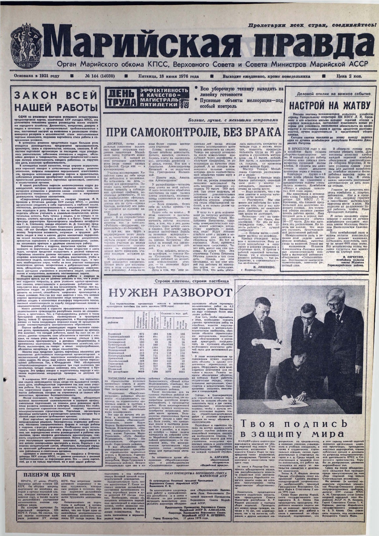 Газета «Марийская правда» от 18.06.1976