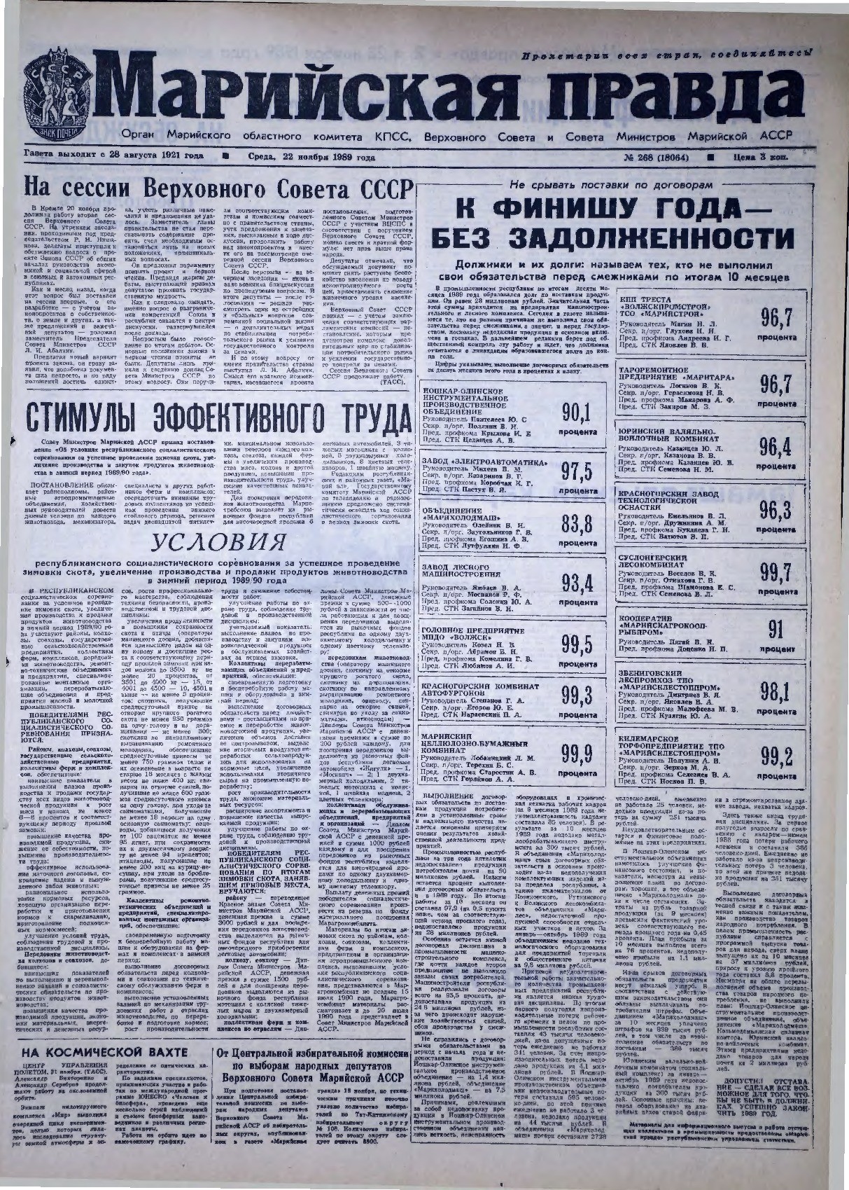 Газета «Марийская правда» от 22.11.1989