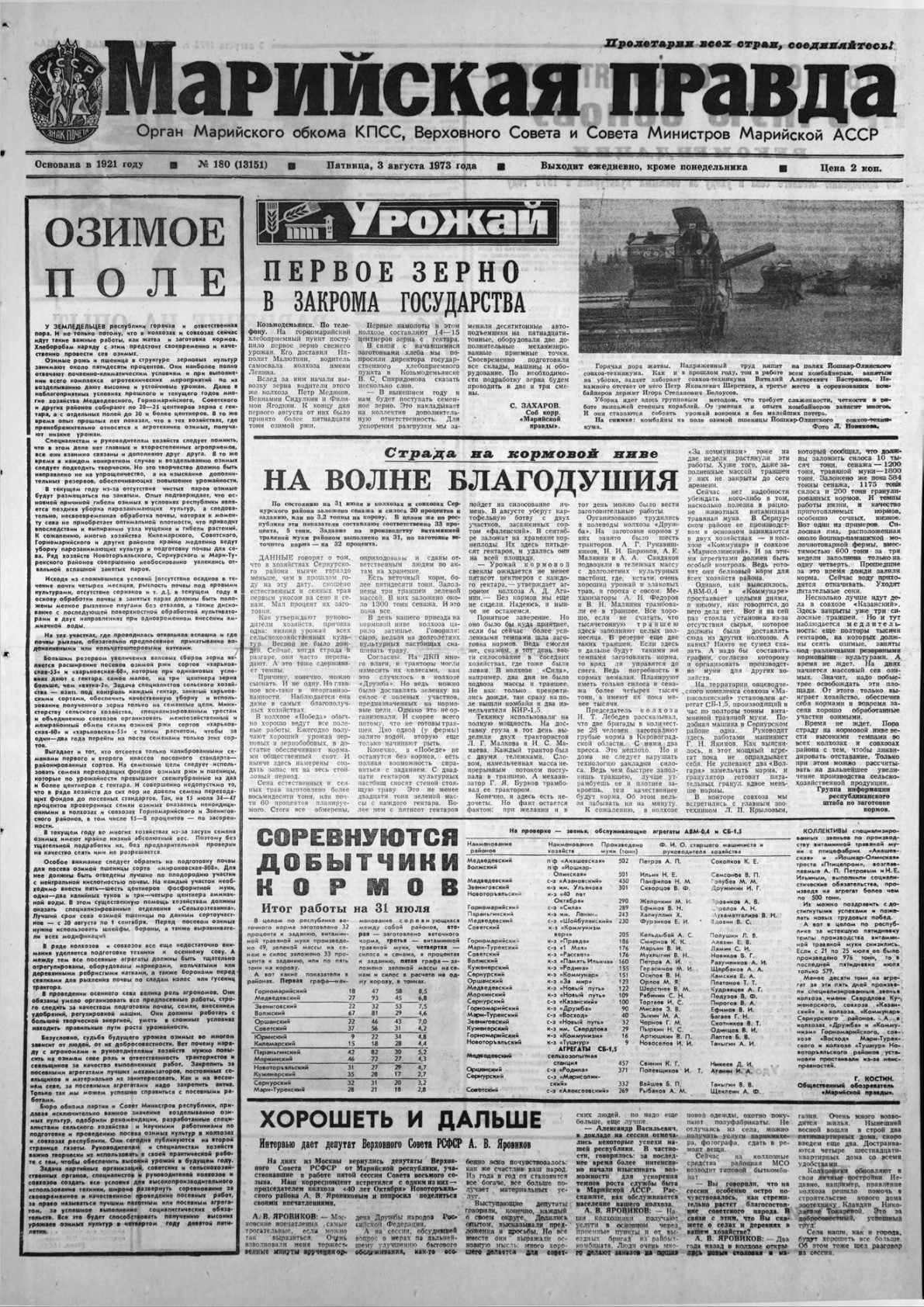 Газета «Марийская правда» от 03.08.1973