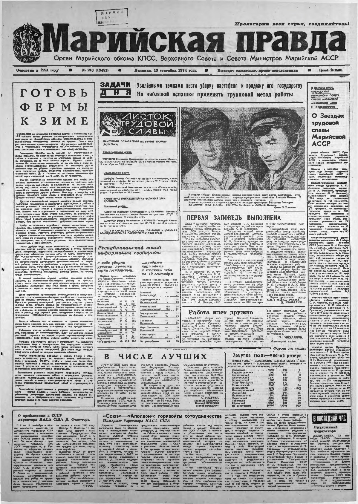 Газета «Марийская правда» от 13.09.1974