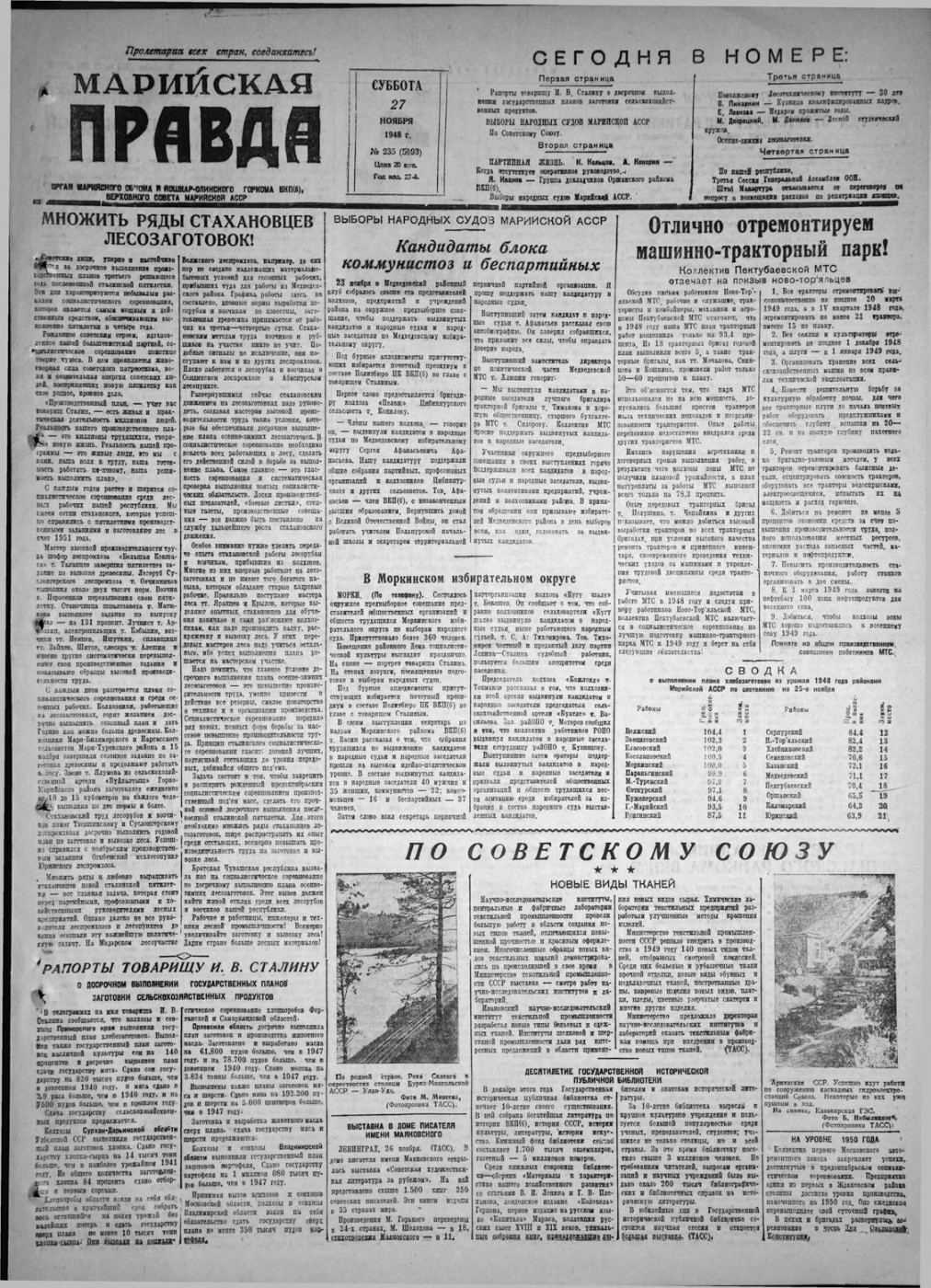 Газета «Марийская правда» от 27.11.1948