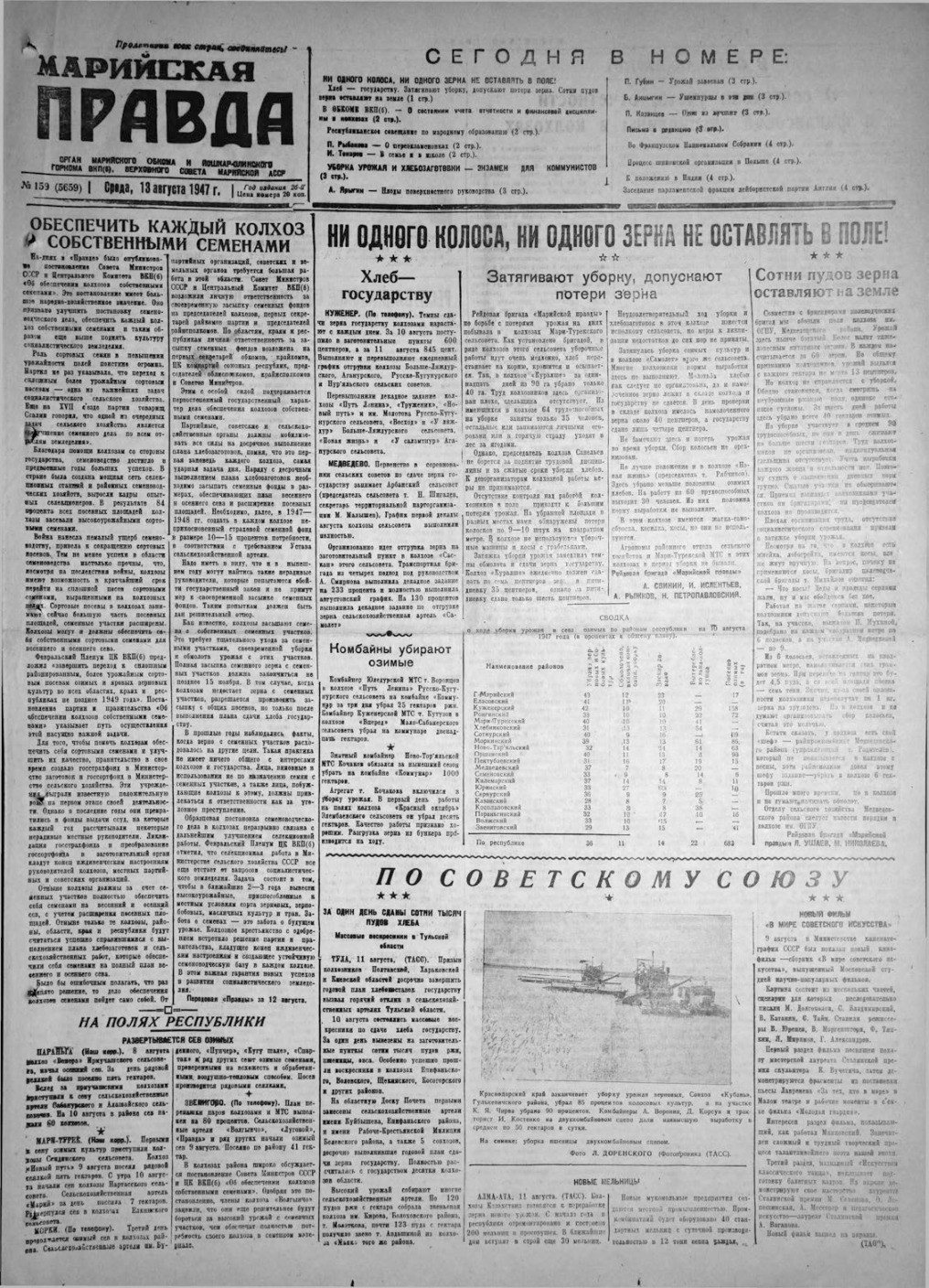 Газета «Марийская правда» от 13.08.1947
