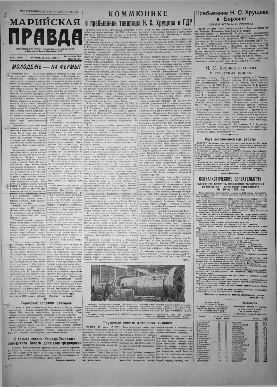Газета «Марийская правда» от 13.03.1959