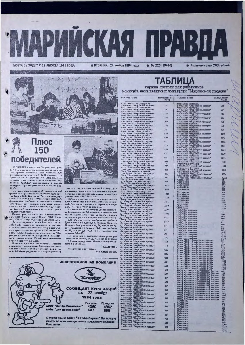 Газета «Марийская правда» от 22.11.1994