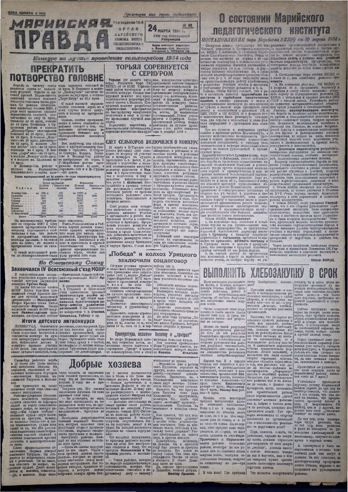 Газета «Марийская правда» от 24.03.1934