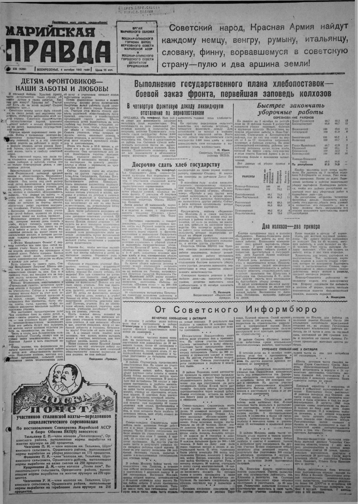 Газета «Марийская правда» от 04.10.1942