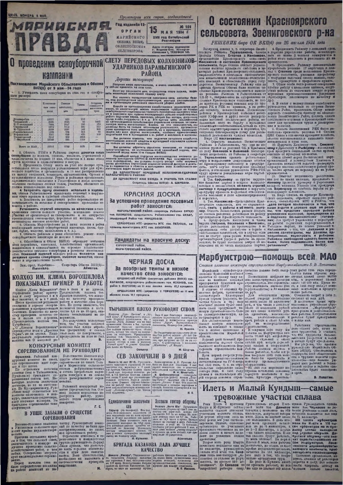 Газета «Марийская правда» от 15.05.1934
