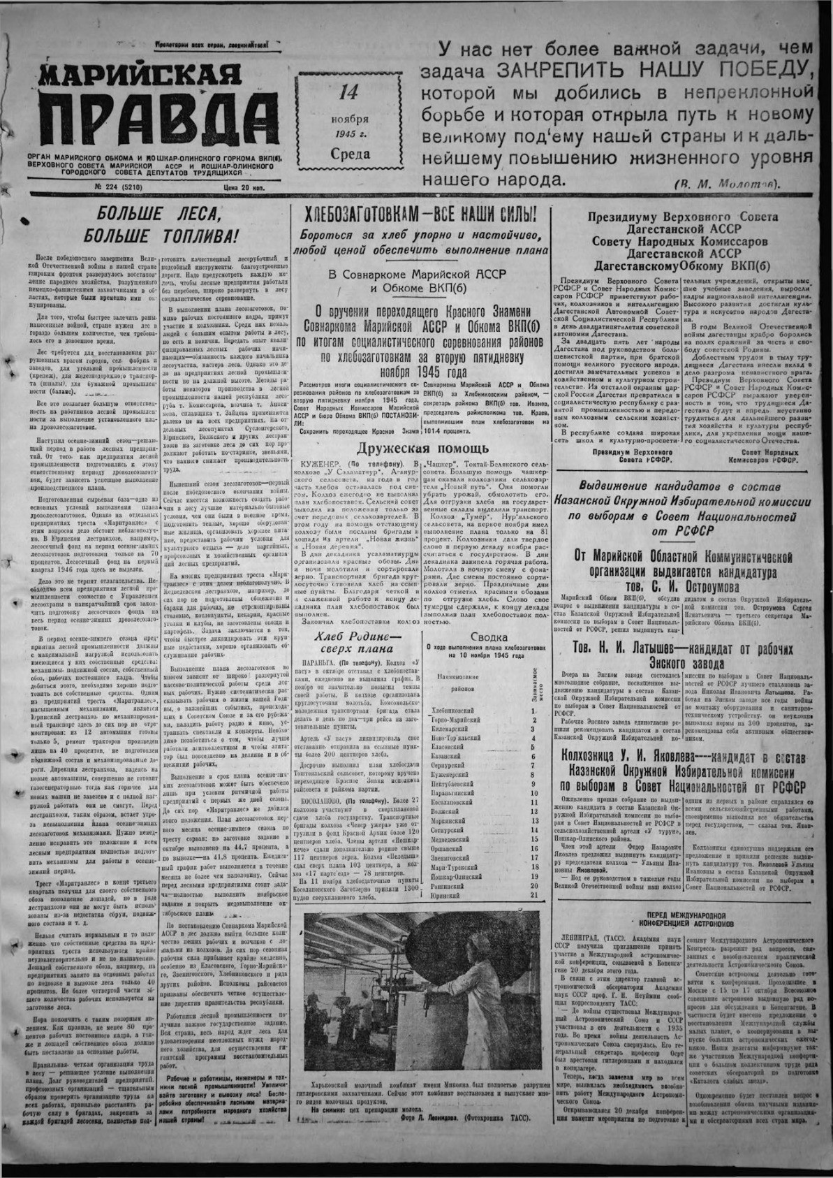 Газета «Марийская правда» от 14.11.1945