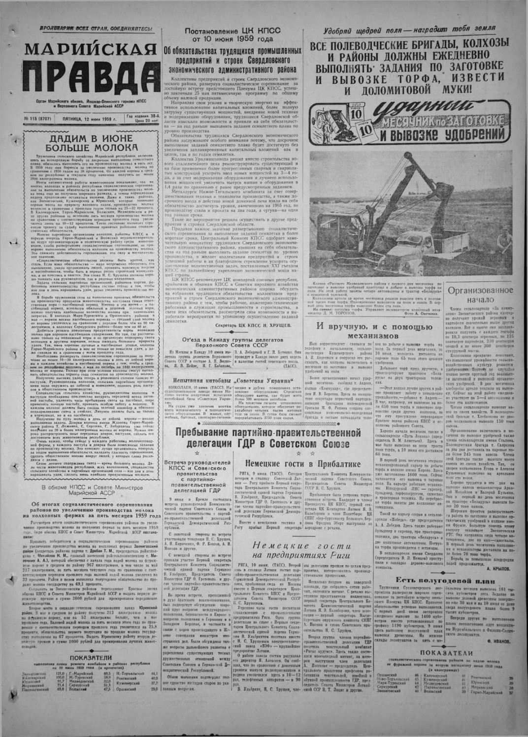 Газета «Марийская правда» от 12.06.1959