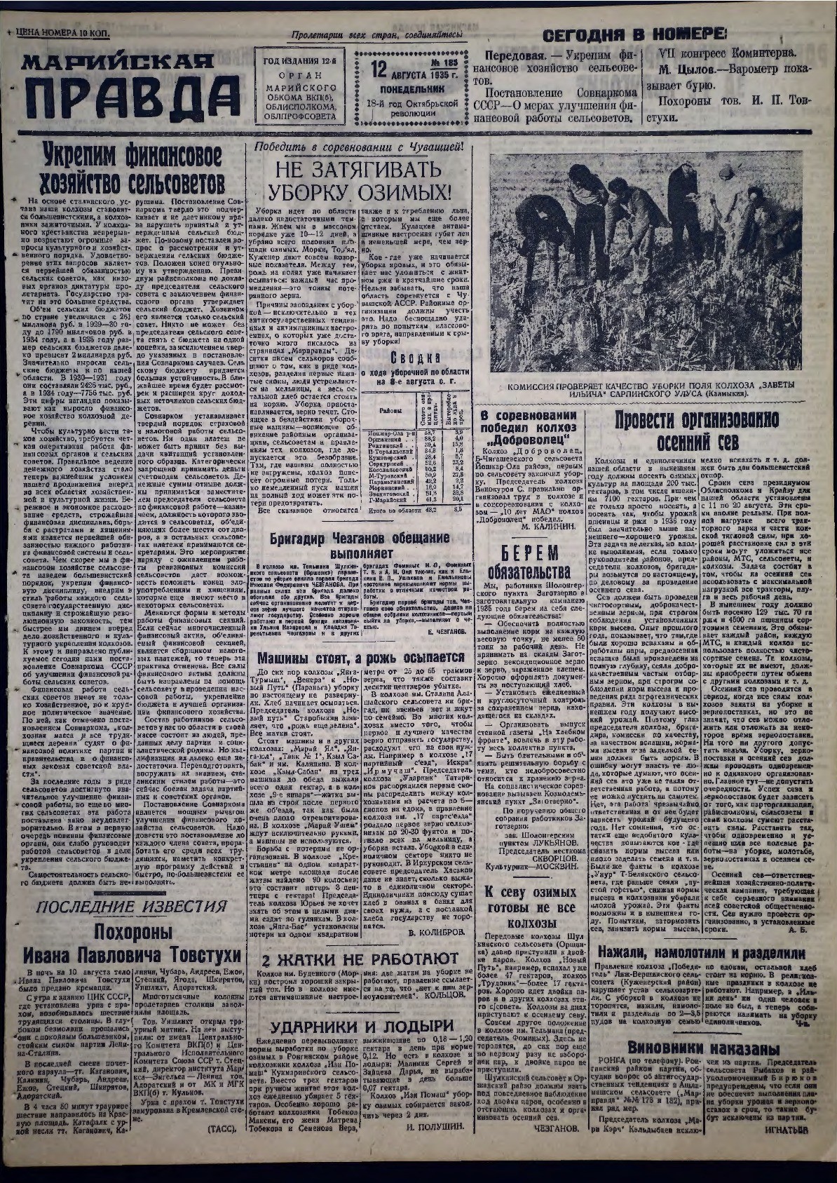 Газета «Марийская правда» от 12.08.1935