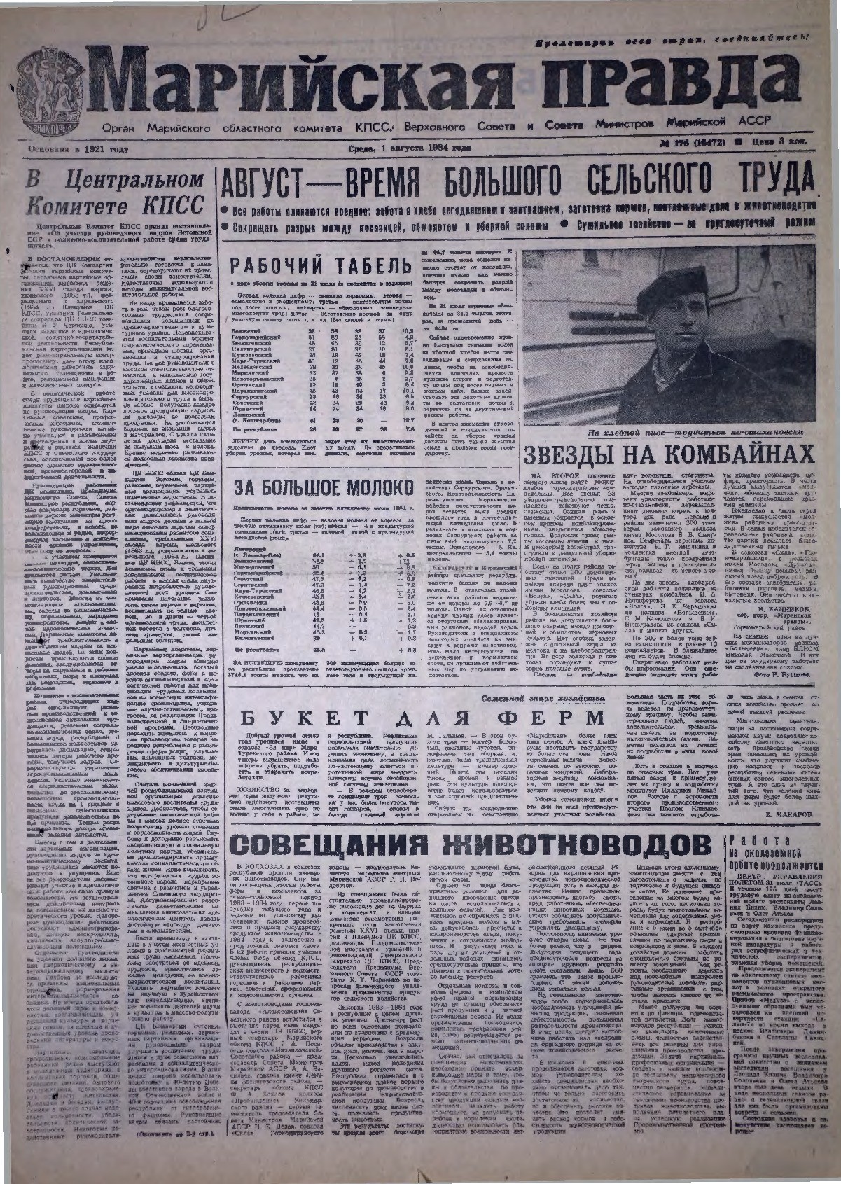 Газета «Марийская правда» от 01.08.1984