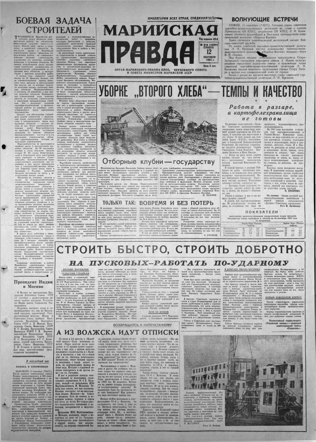 Газета «Марийская правда» от 12.09.1964