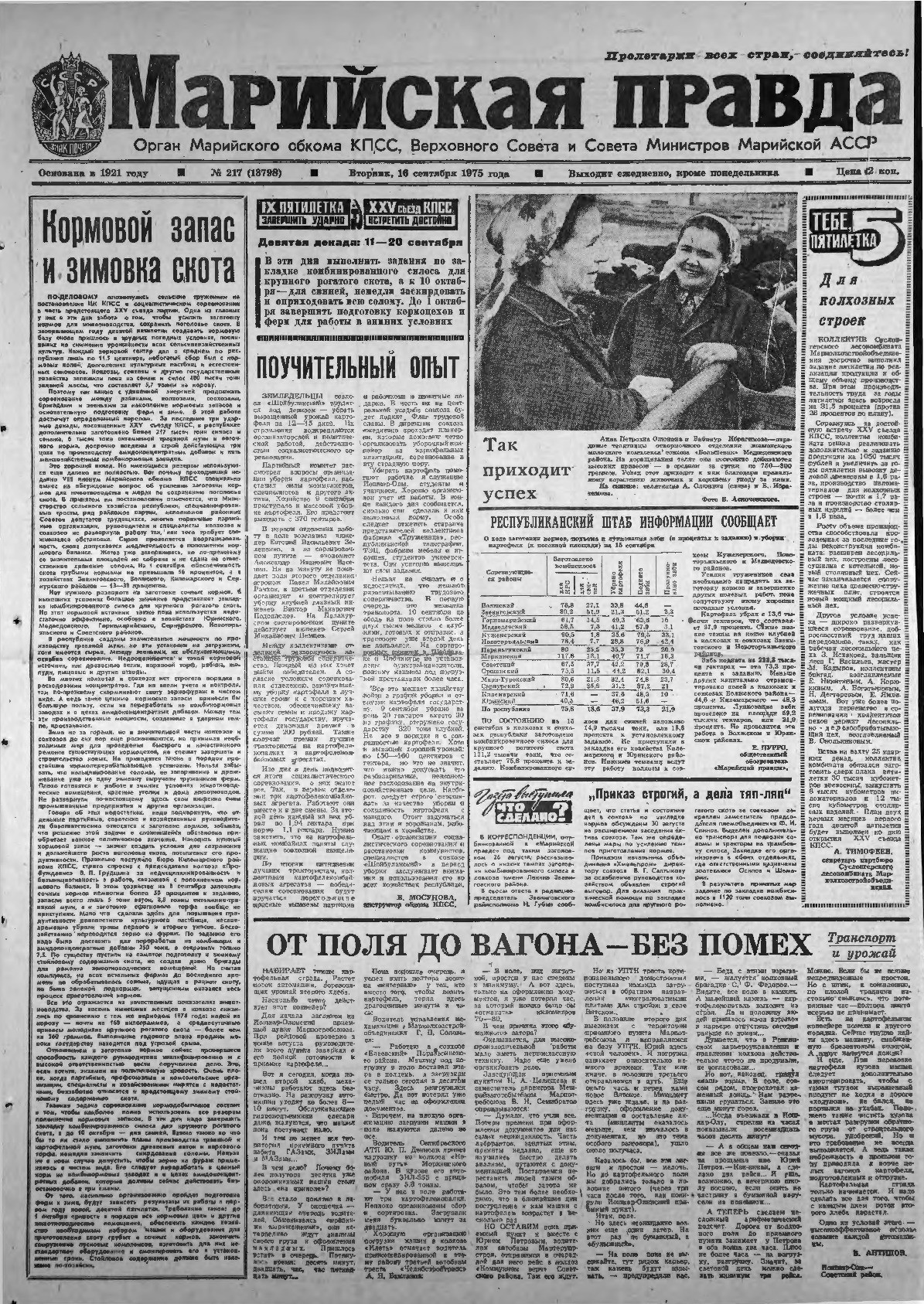 Газета «Марийская правда» от 16.09.1975