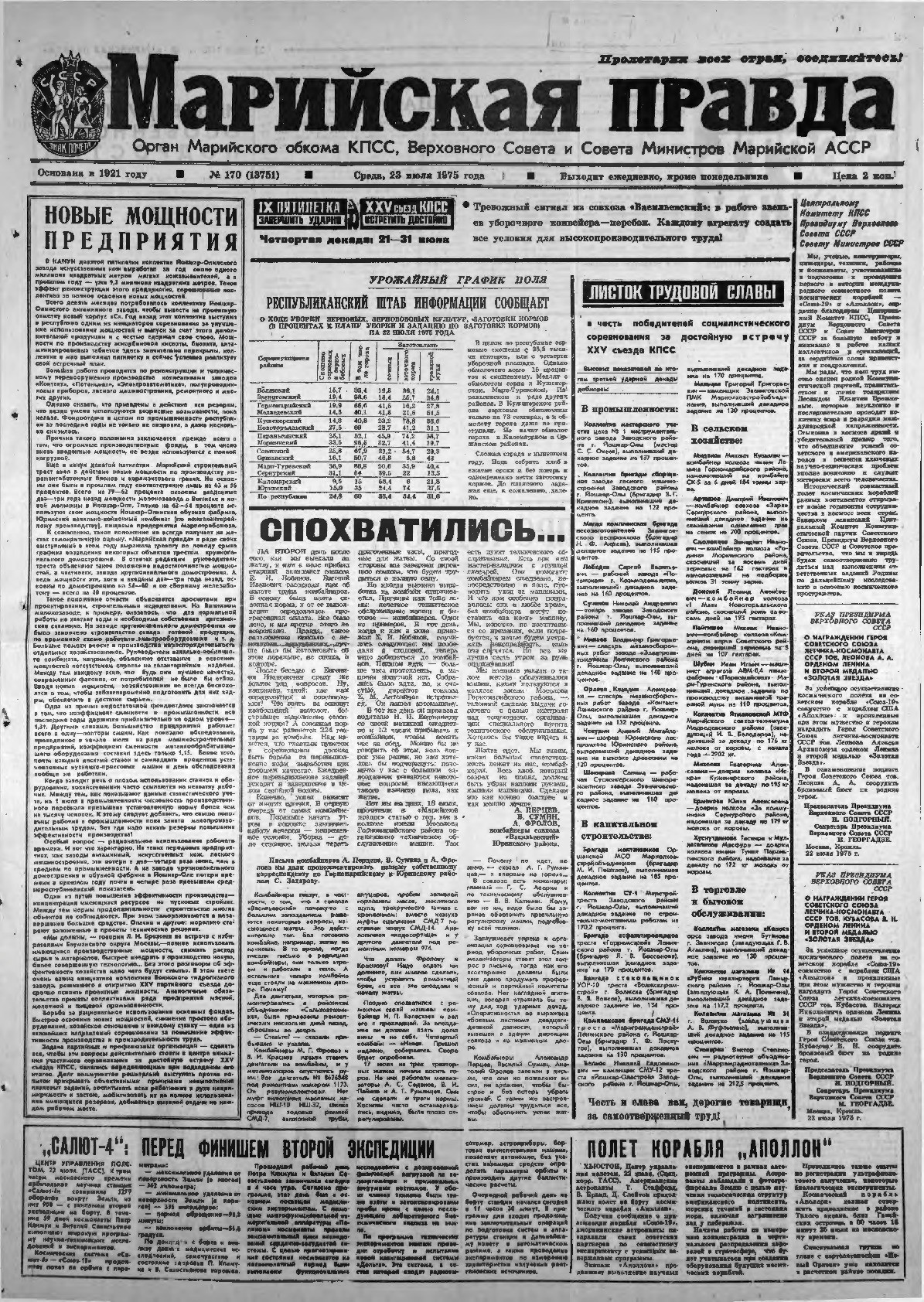 Газета «Марийская правда» от 23.07.1975