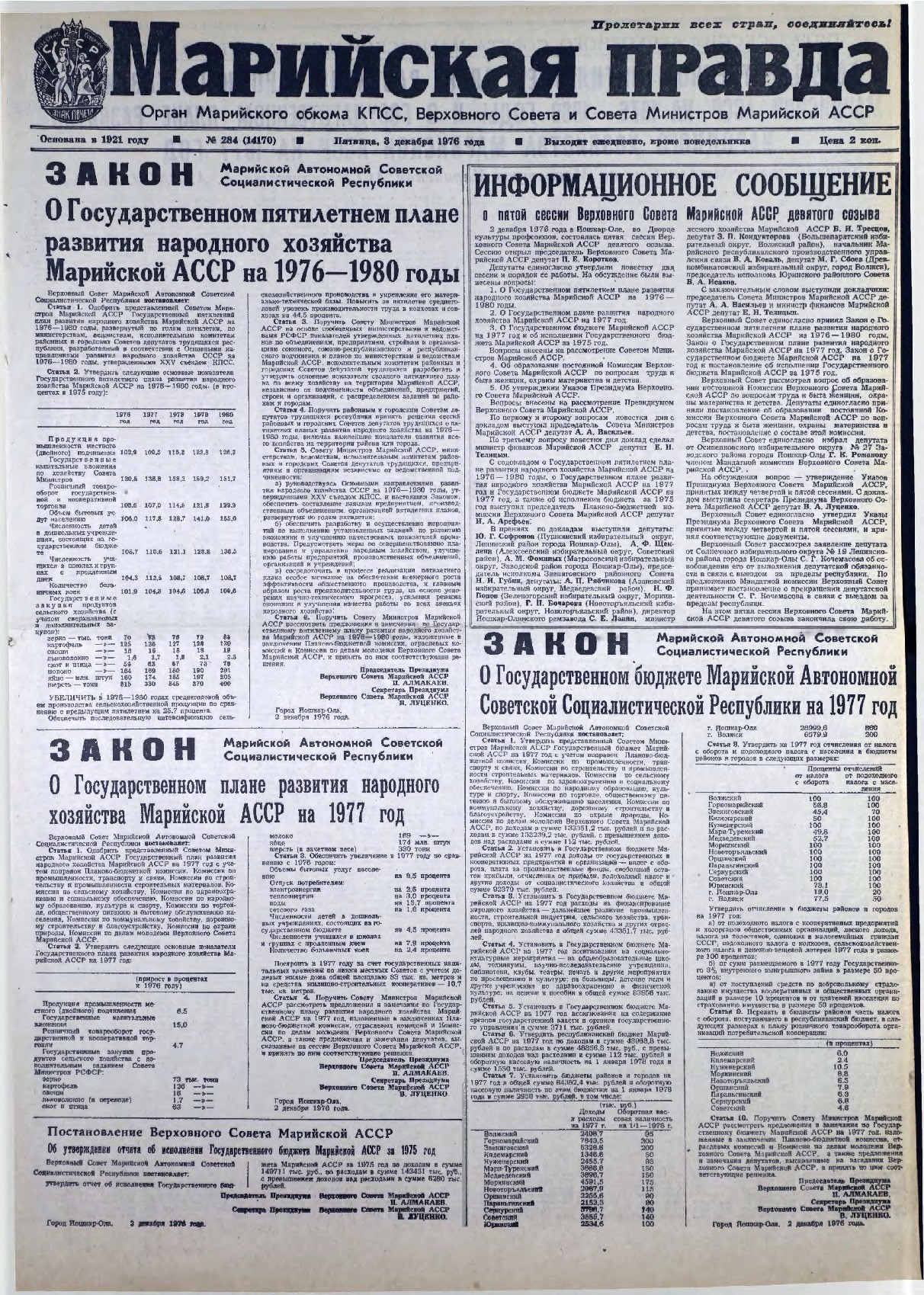 Газета «Марийская правда» от 03.12.1976