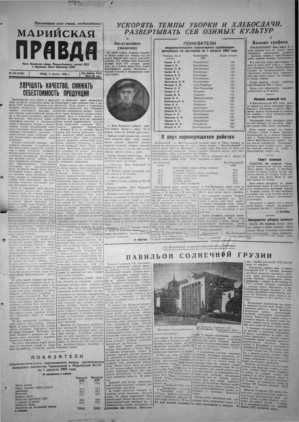 Газета «Марийская правда» от 04.08.1954