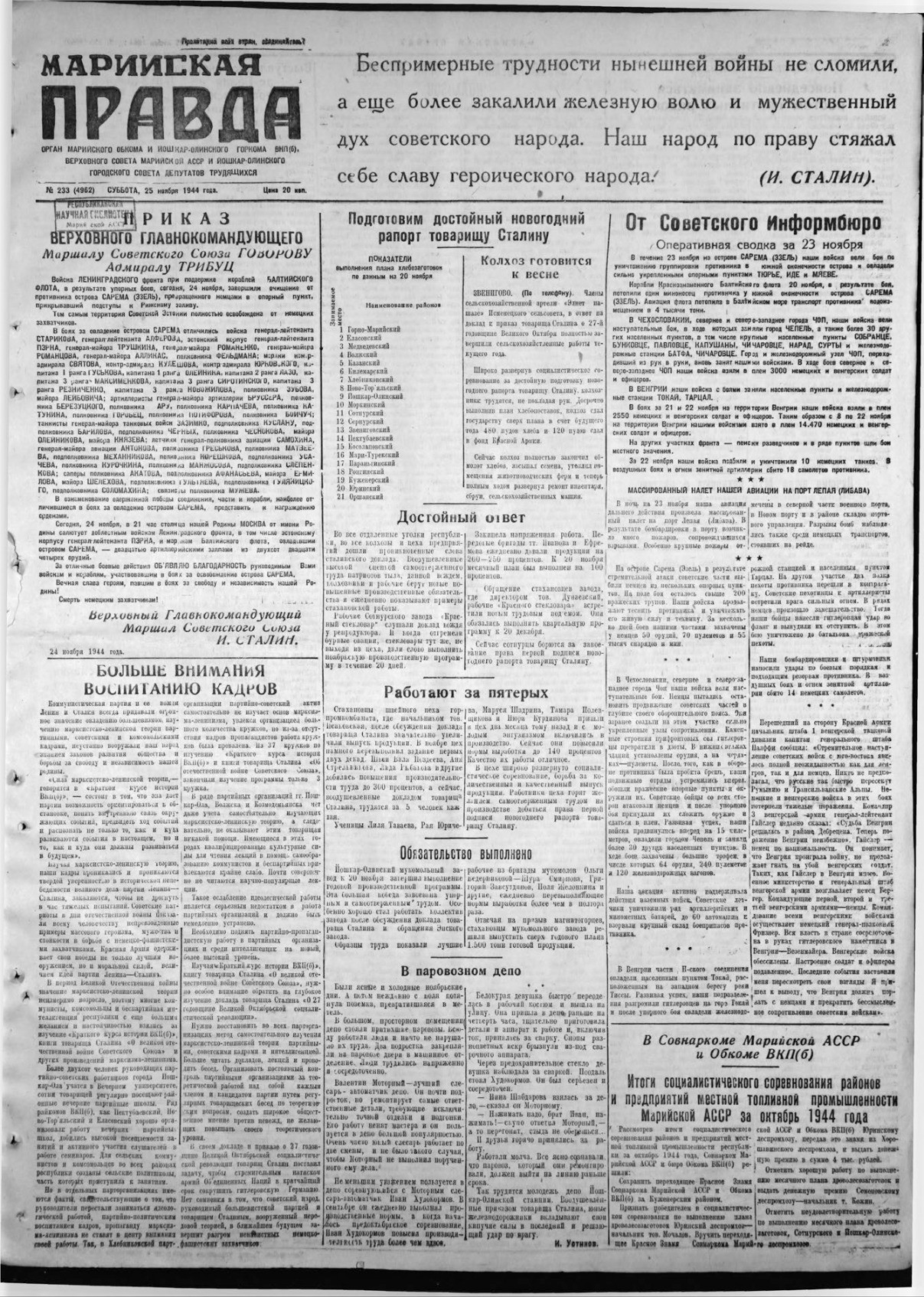 Газета «Марийская правда» от 25.11.1944