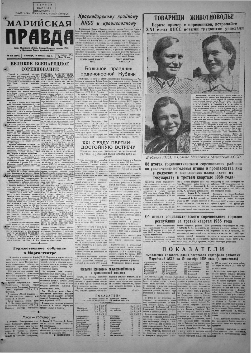 Газета «Марийская правда» от 17.10.1958
