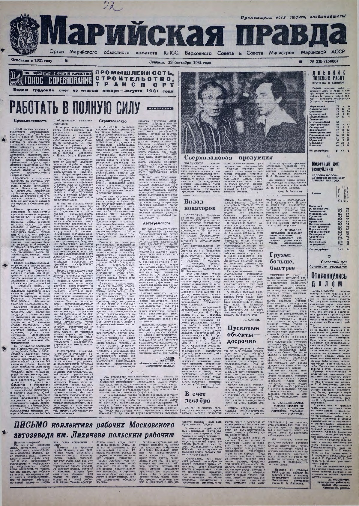 Газета «Марийская правда» от 12.09.1981