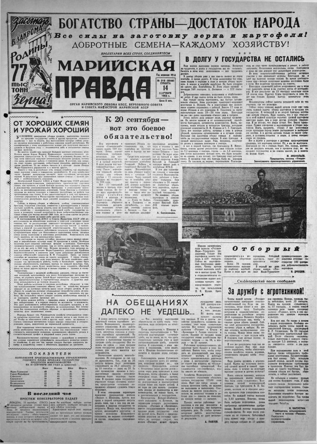 Газета «Марийская правда» от 14.09.1963