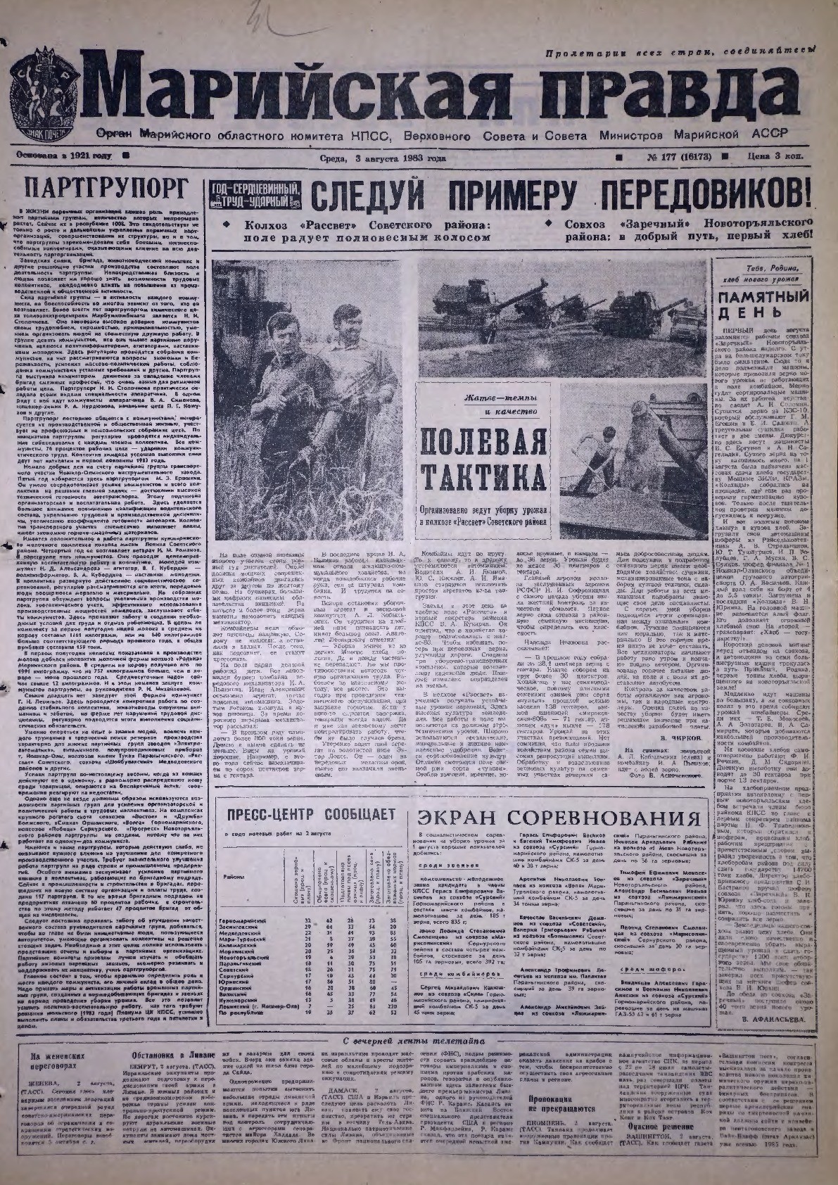 Газета «Марийская правда» от 03.08.1983