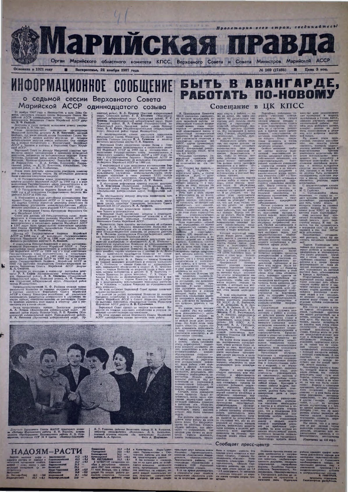 Газета «Марийская правда» от 22.11.1987