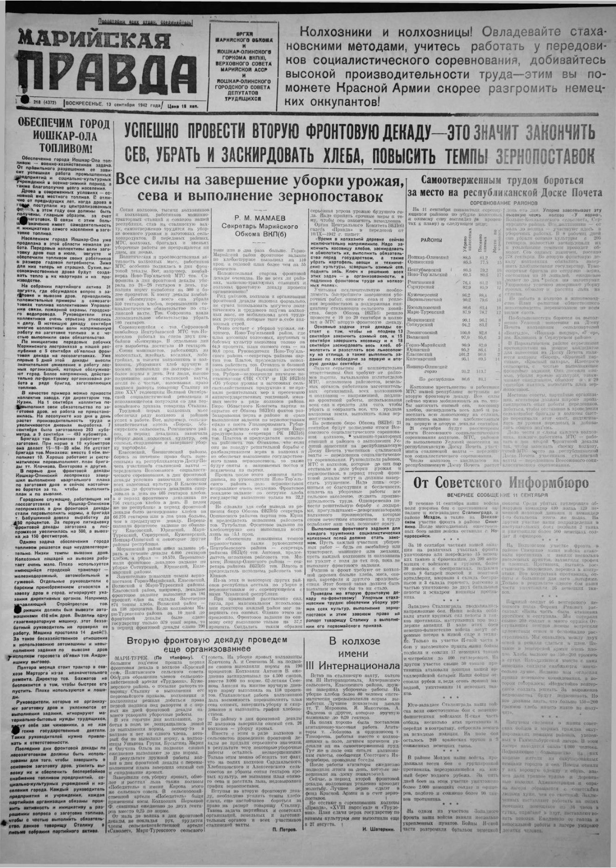 Газета «Марийская правда» от 13.09.1942