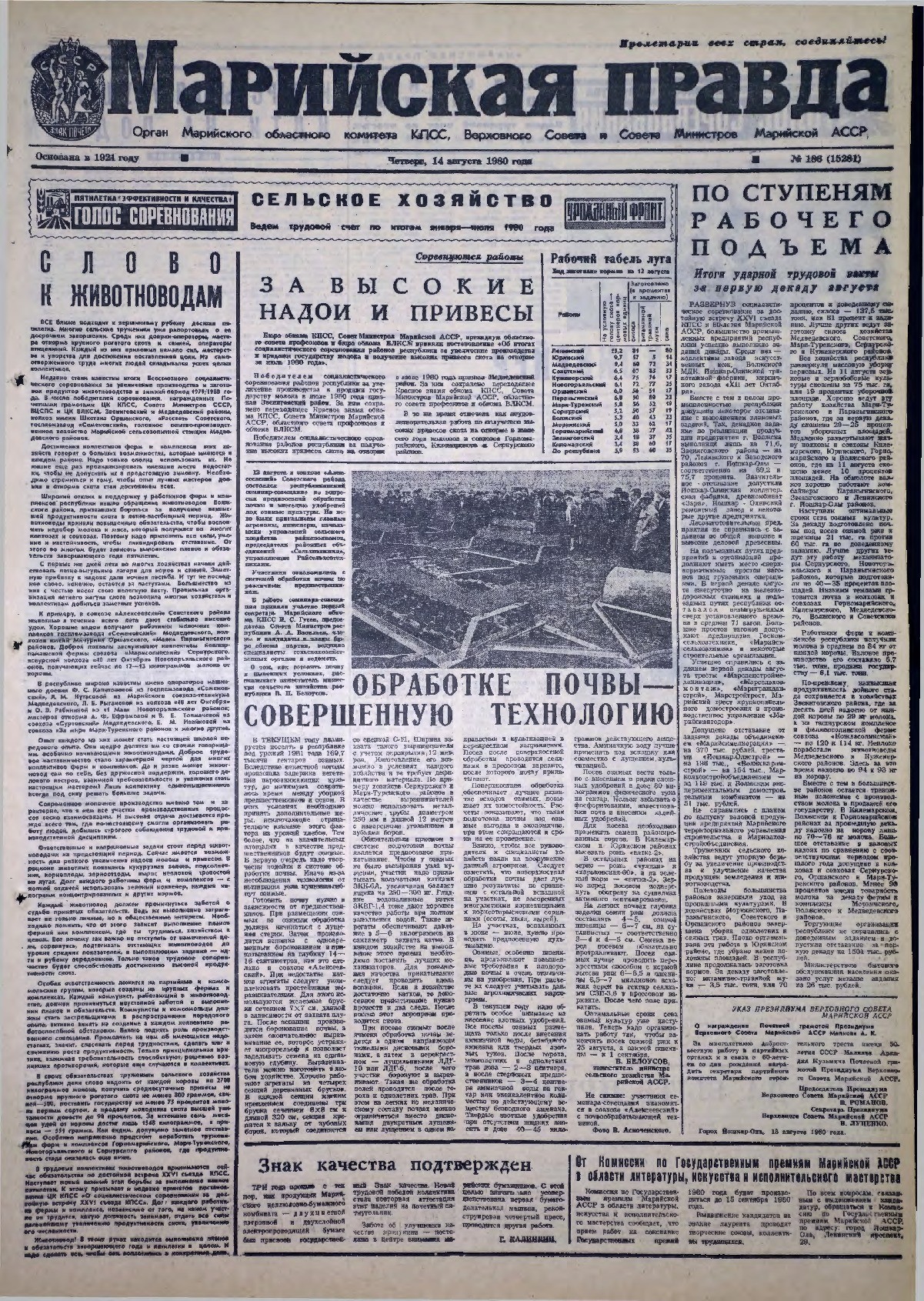 Газета «Марийская правда» от 14.08.1980