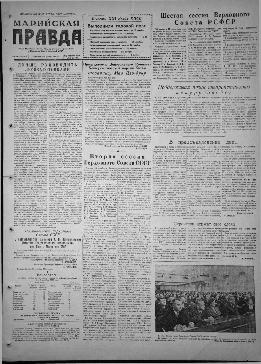 Газета «Марийская правда» от 27.12.1958