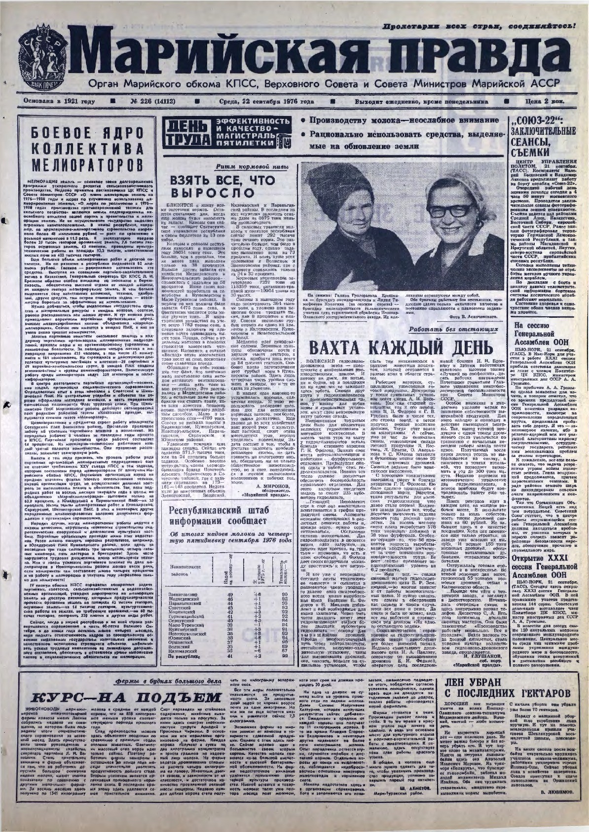 Газета «Марийская правда» от 22.09.1976