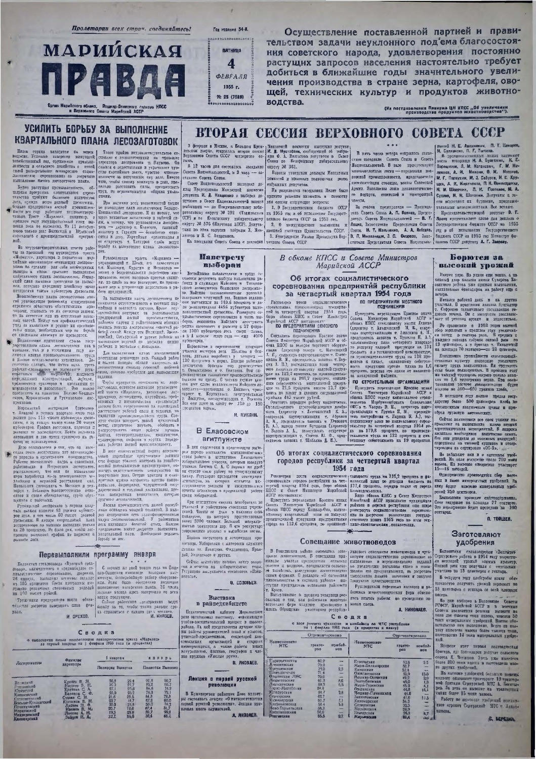 Газета «Марийская правда» от 04.02.1955