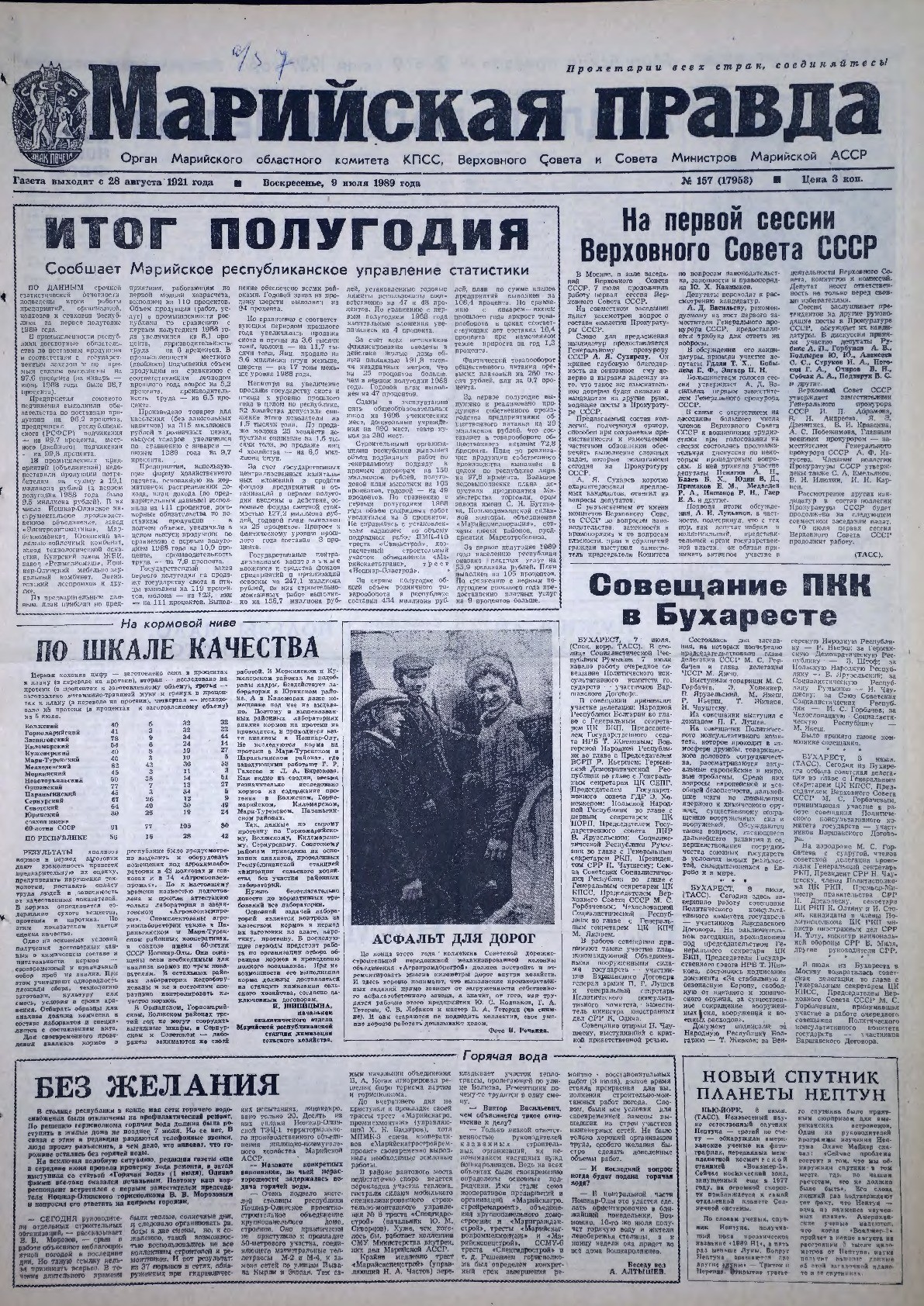 Газета «Марийская правда» от 09.07.1989