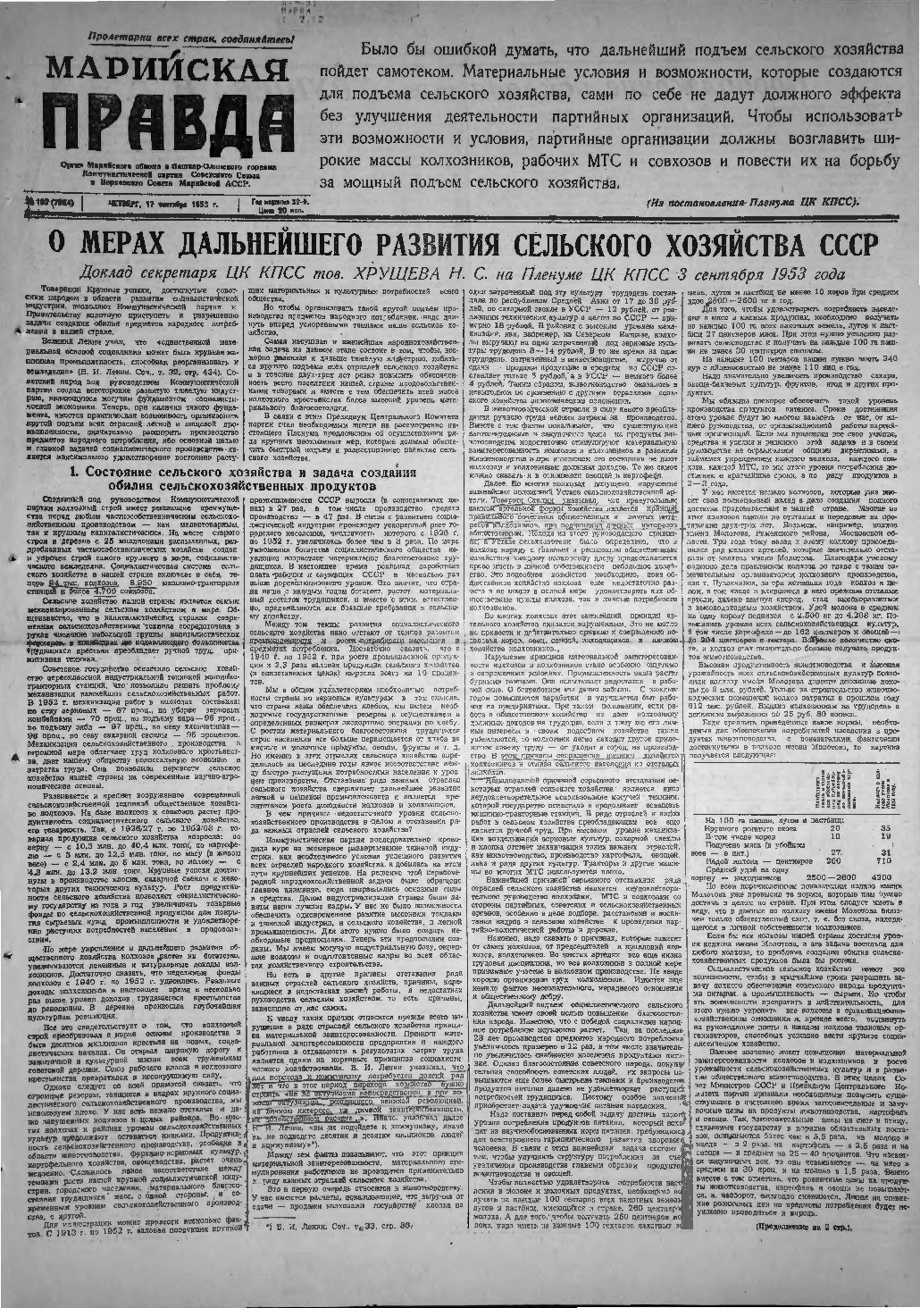 Газета «Марийская правда» от 17.09.1953