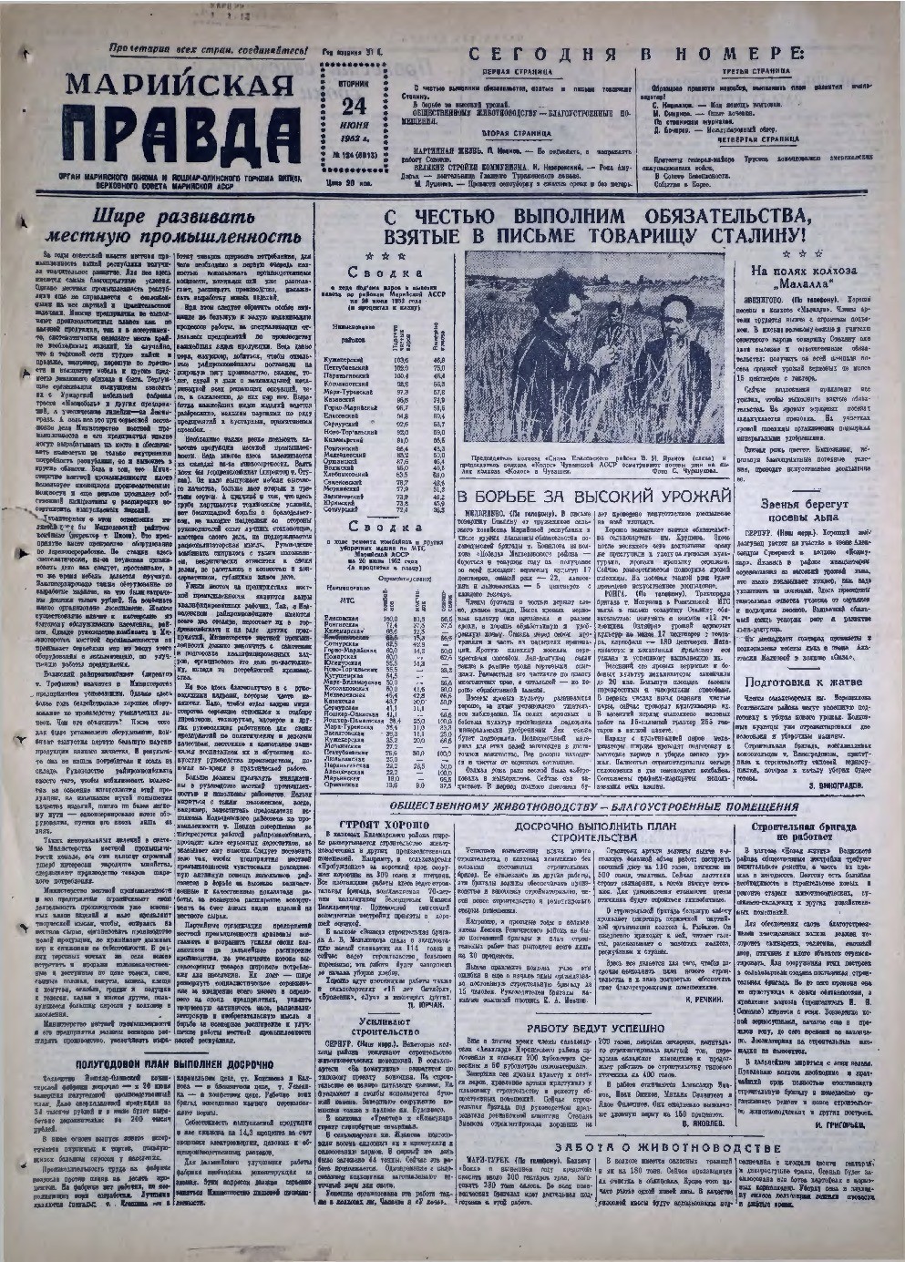 Газета «Марийская правда» от 24.06.1952