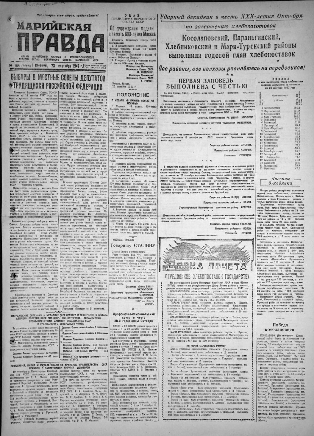 Газета «Марийская правда» от 23.09.1947