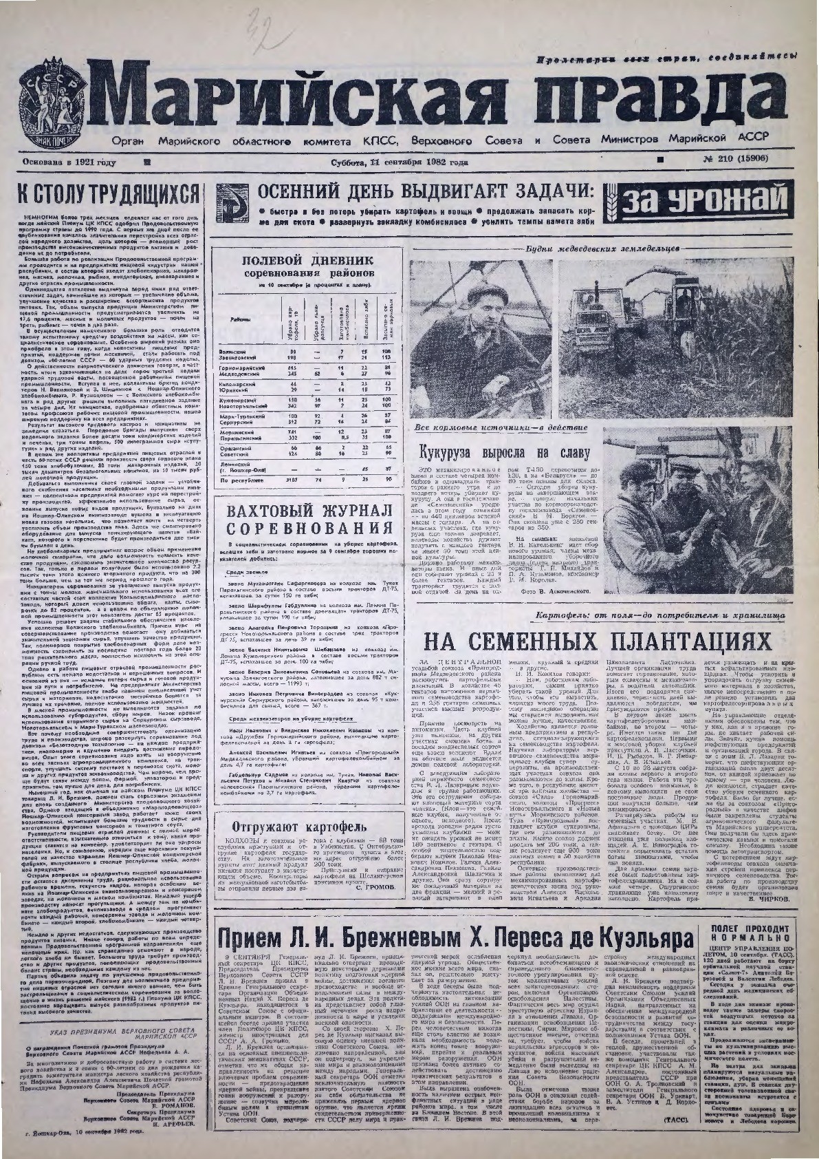 Газета «Марийская правда» от 11.09.1982