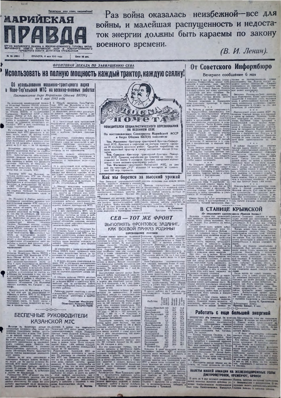 Газета «Марийская правда» от 08.05.1943