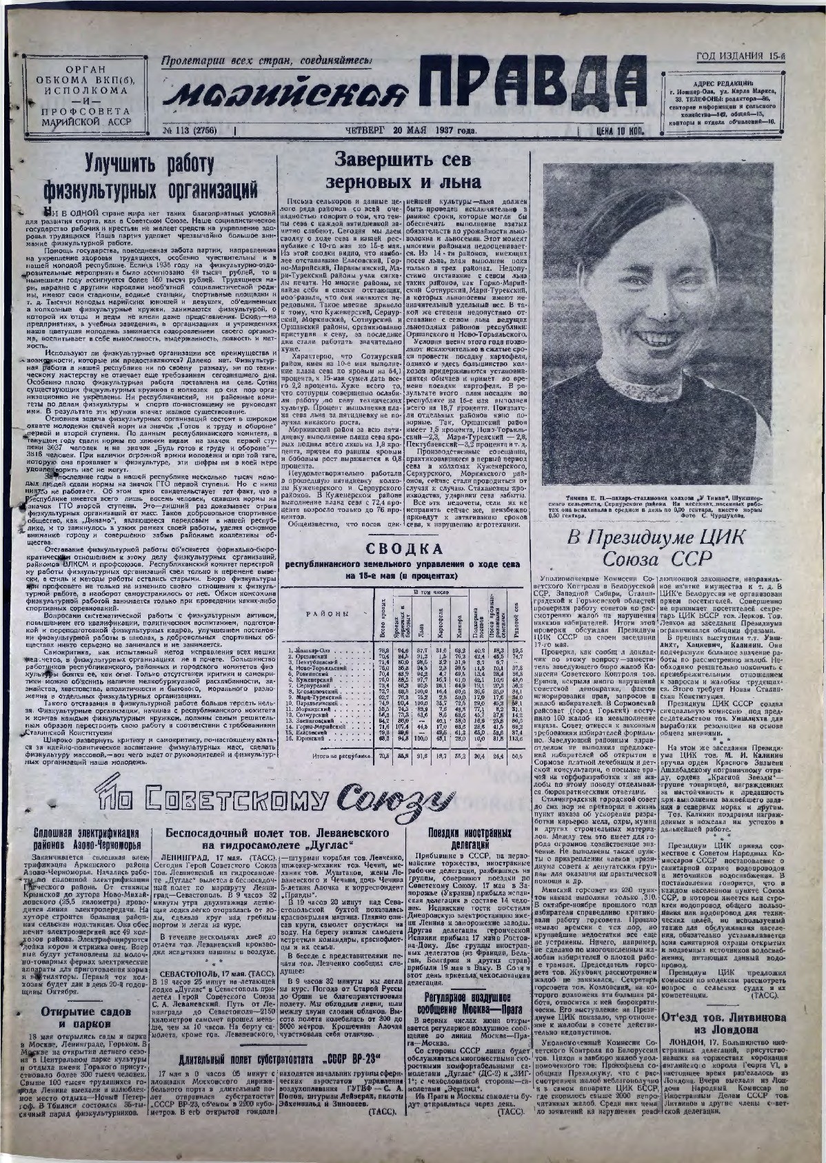 Газета «Марийская правда» от 20.05.1937
